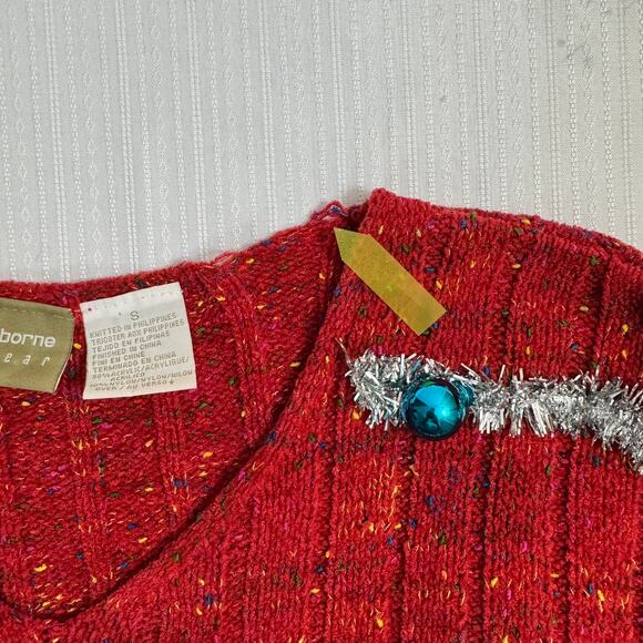 LIZ CLAIBORNE Womens Small Red Multicolor Handmaid Ugly Christmas Sweater V-Neck - Picture 6 of 10